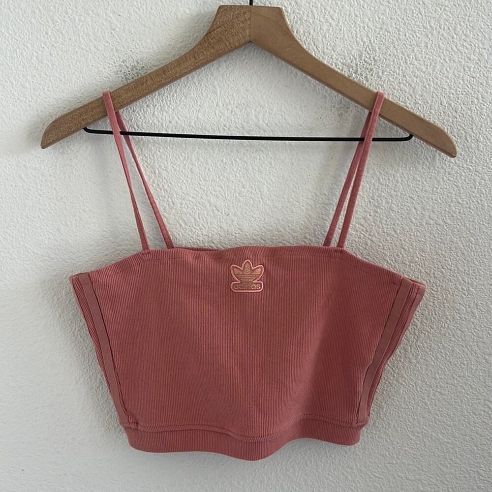 Adidas Pink Mauve Embroidered Patch Logo Crop Three Stripe Mini Rib Crop Top M